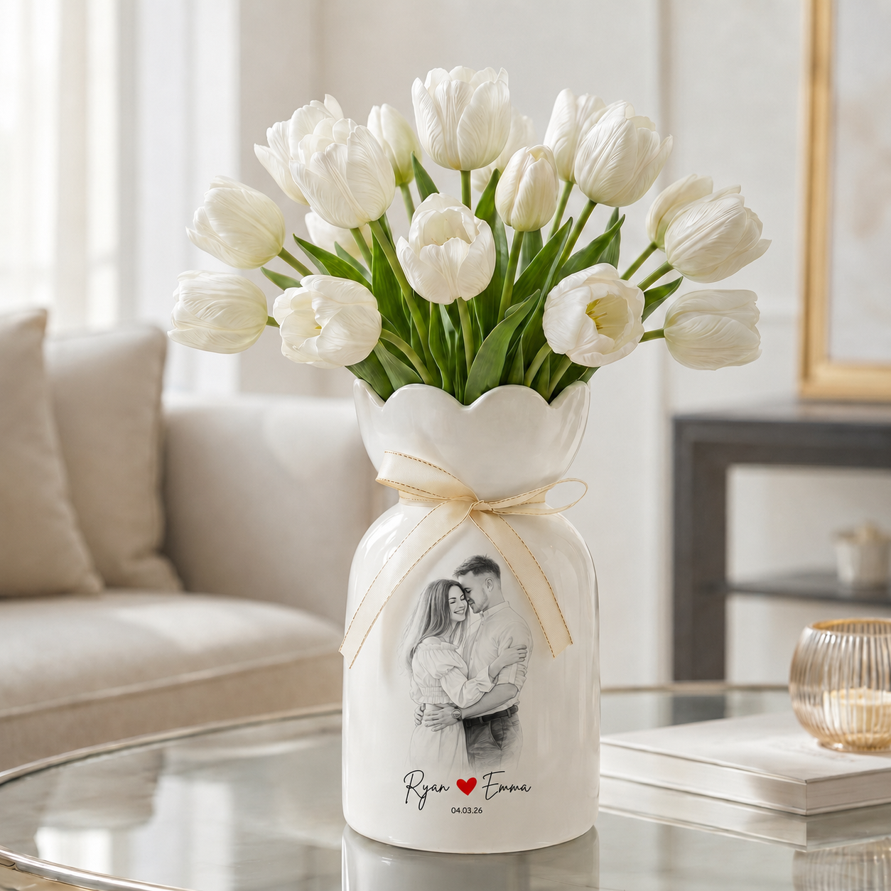 Custom Line Portrait Flower Vase – Personalized Ceramic Couple Photo Vase