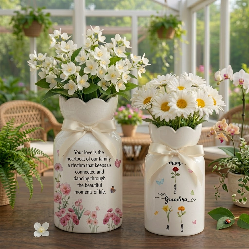 Custom First Mom Now Grandma Ceramic Flower Vase – Personalized Birth Month Flower Grandma’s Garden Gift
