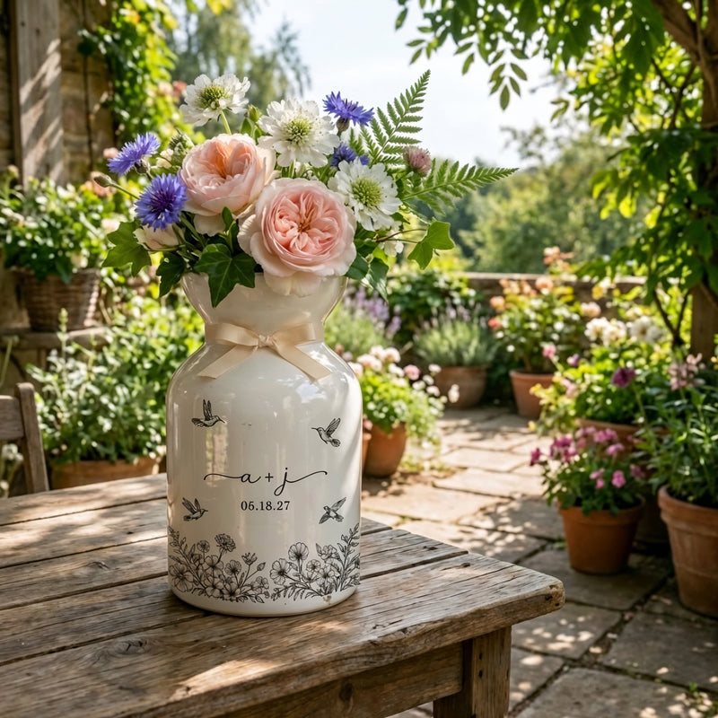 Custom Ceramic Botanical Flower Vase – Personalized Wedding Vase Gift for Couples