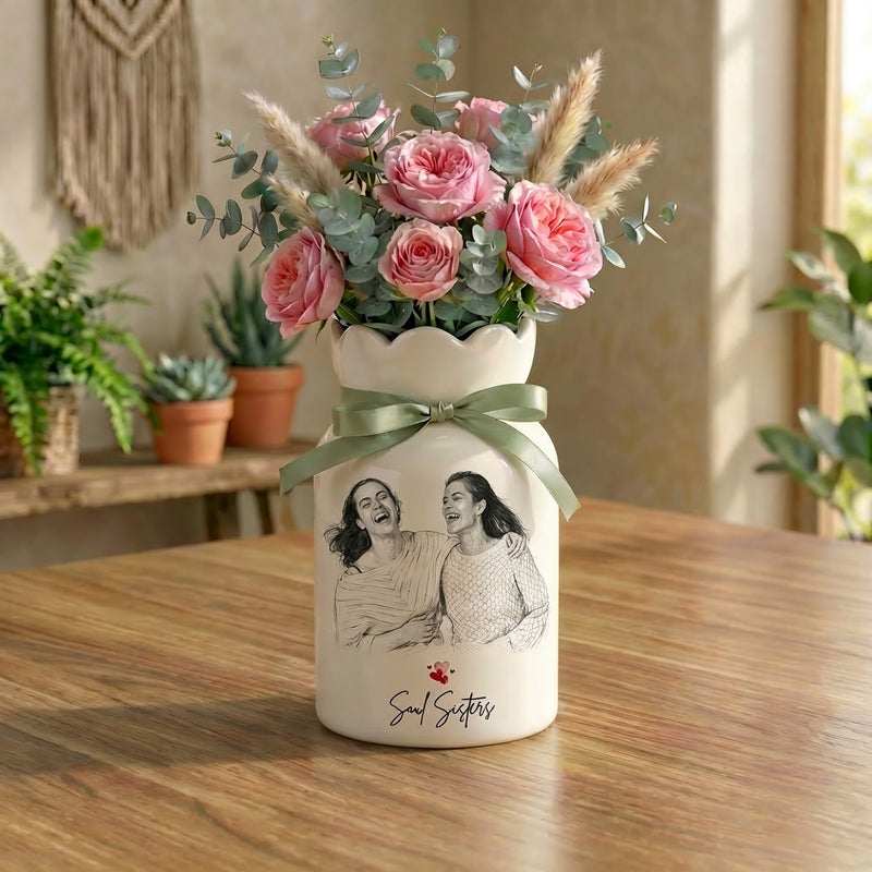 Personalized Besties Photo Ceramic Vase – Custom Photo Best Friend Flower Vase