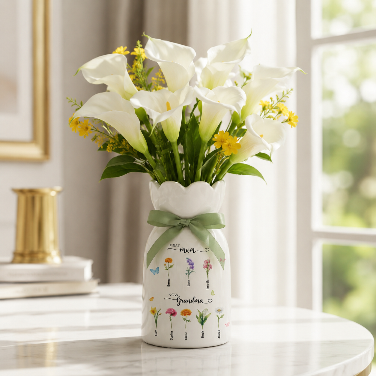 Custom First Mom Now Grandma Ceramic Flower Vase – Personalized Birth Month Flower Grandma’s Garden Gift