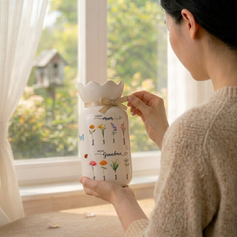 Custom First Mom Now Grandma Ceramic Flower Vase – Personalized Birth Month Flower Grandma’s Garden Gift