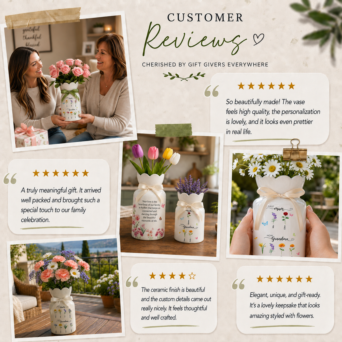 Custom First Mom Now Grandma Ceramic Flower Vase – Personalized Birth Month Flower Grandma’s Garden Gift