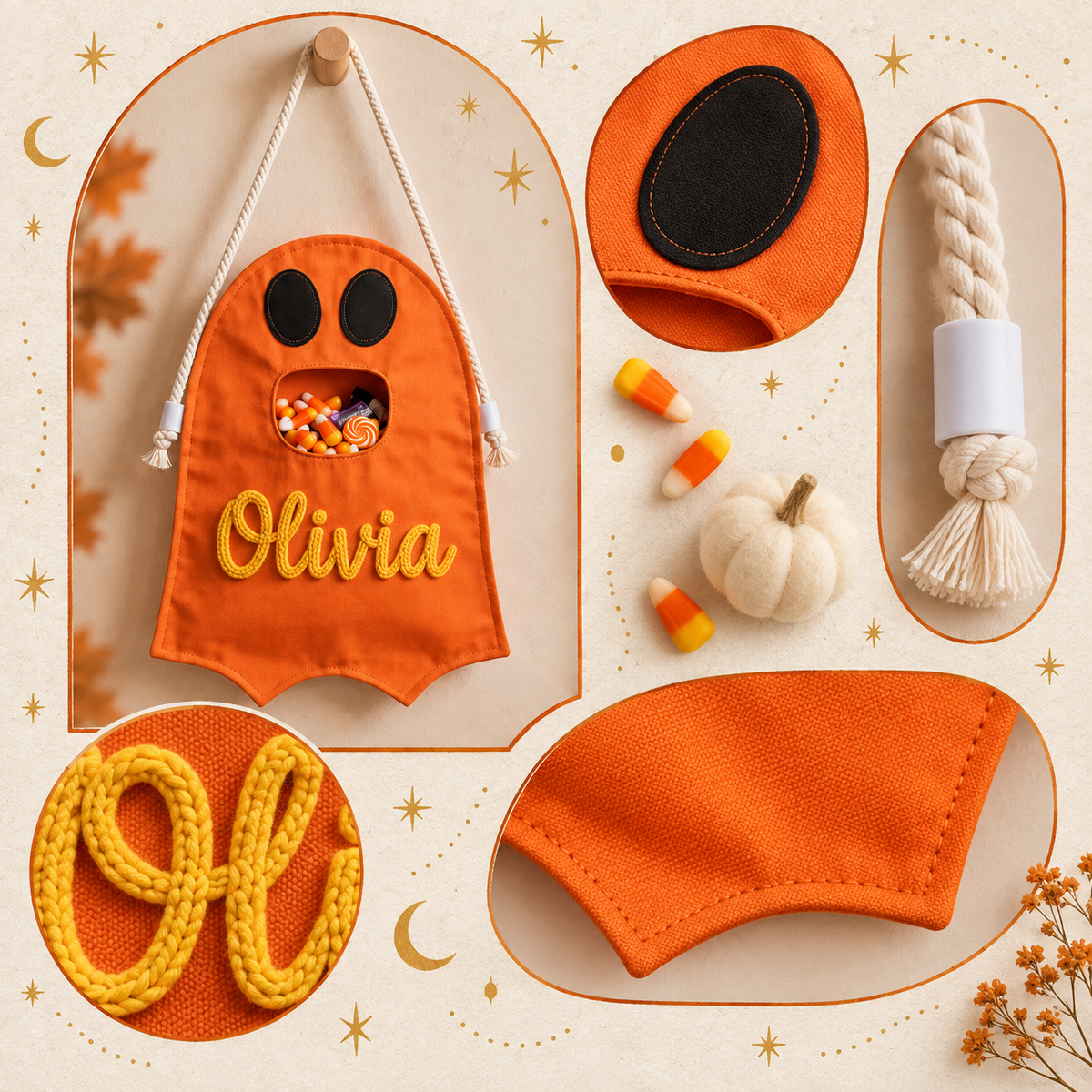 Personalized Ghost Halloween Candy Bag, Custom Name Trick or Treat Bag with Plush Charm