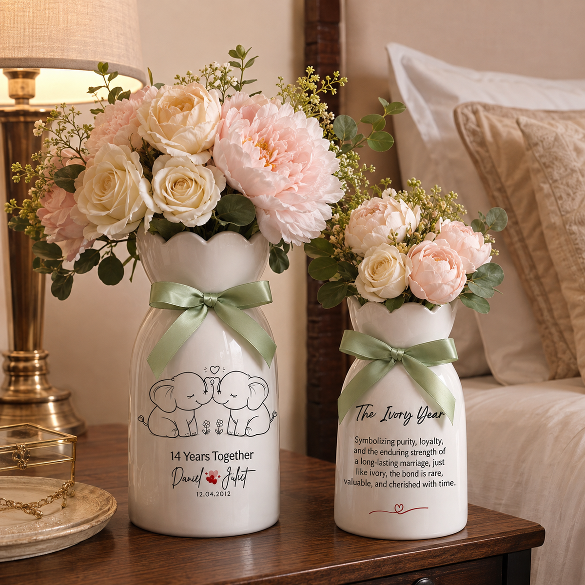 Ivory Anniversary Flower Vase – Personalized 14th Wedding Anniversary Gift for Couples