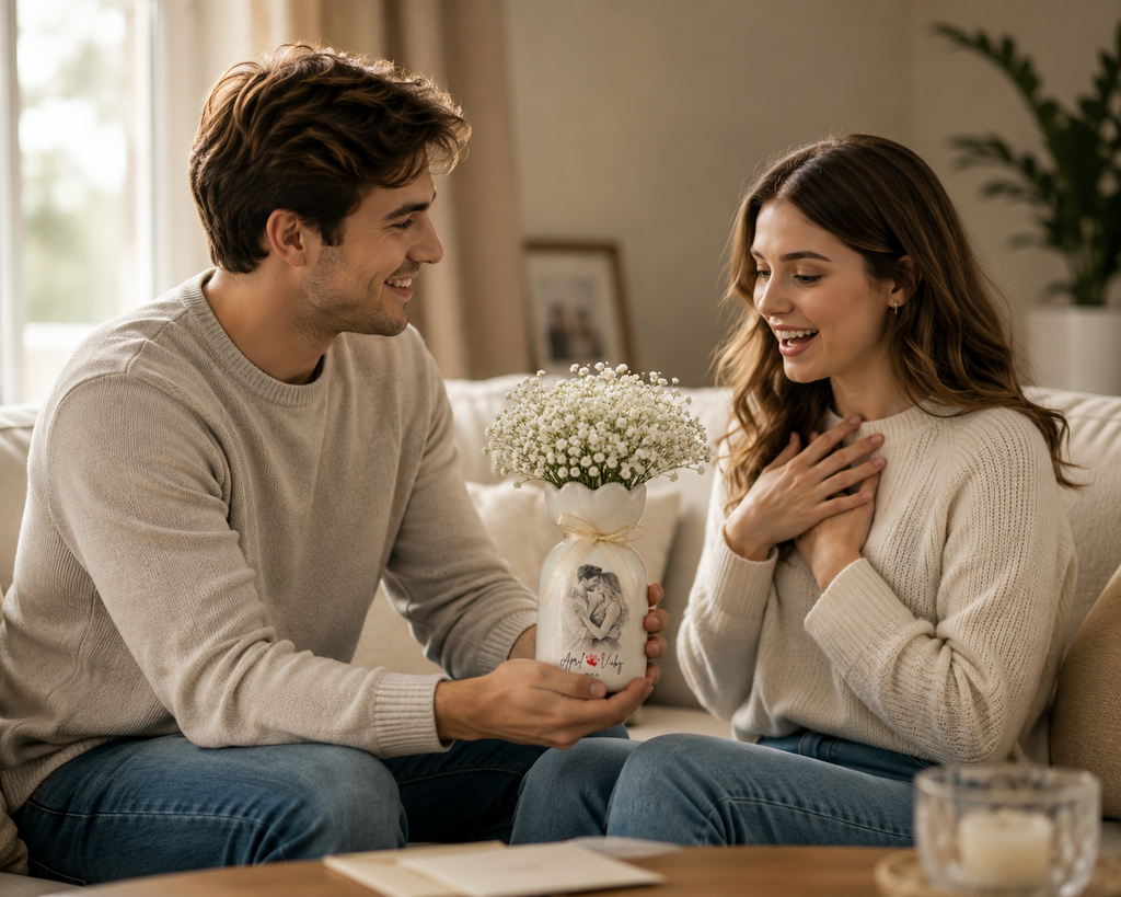 Custom Line Portrait Flower Vase – Personalized Ceramic Couple Photo Vase
