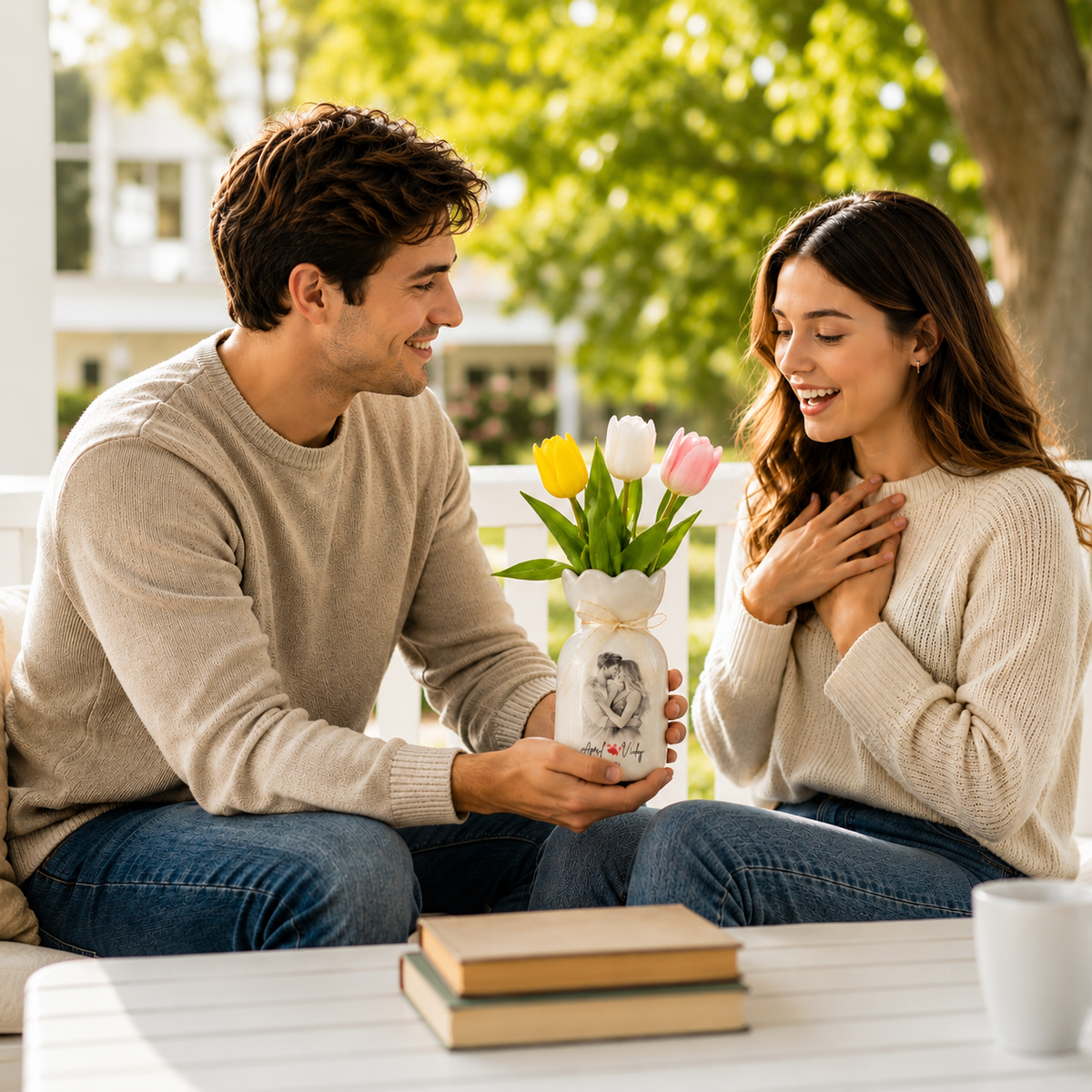 Custom Line Portrait Flower Vase – Personalized Ceramic Couple Photo Vase
