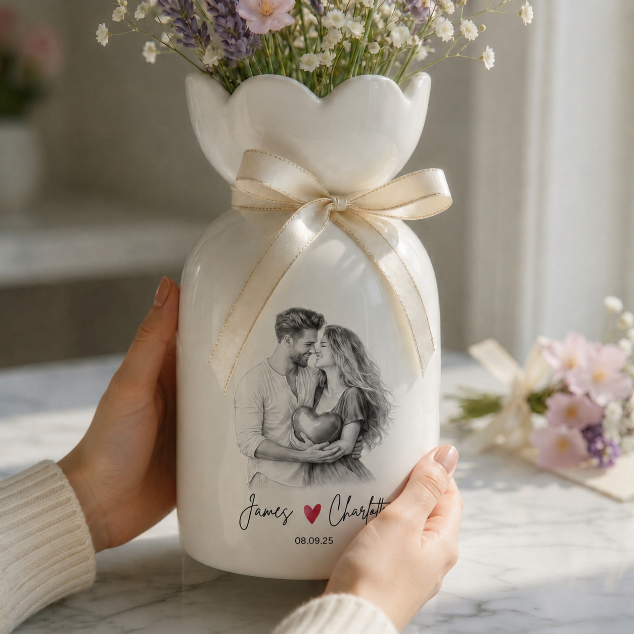 Custom Line Portrait Flower Vase – Personalized Ceramic Couple Photo Vase