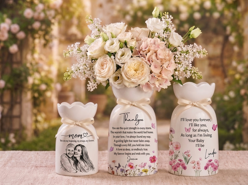 Personalized Mom Photo Flower Vase – Custom Portrait Ceramic Vase Gift for Mom