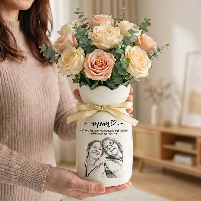 Personalized Mom Photo Flower Vase – Custom Portrait Ceramic Vase Gift for Mom