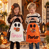 Personalized Ghost Halloween Candy Bag, Custom Name Trick or Treat Bag with Plush Charm