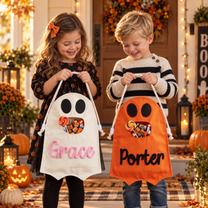Personalized Ghost Halloween Candy Bag, Custom Name Trick or Treat Bag with Plush Charm