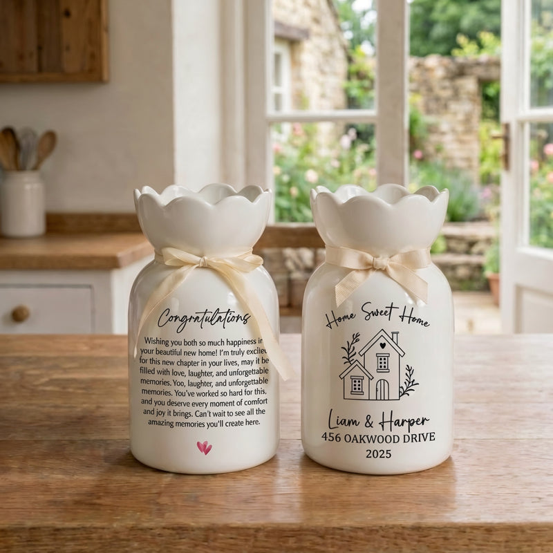 Personalized First Home Gift Ceramic Flower Vase – Custom New Home & Housewarming Gift