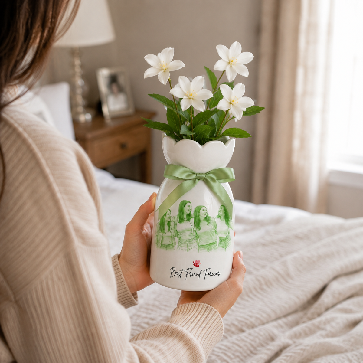 Personalized Besties Photo Ceramic Vase – Custom Photo Best Friend Flower Vase