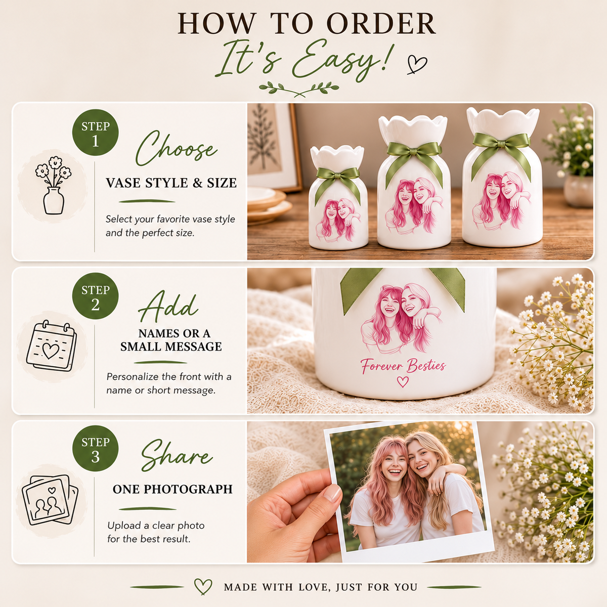 Personalized Besties Photo Ceramic Vase – Custom Photo Best Friend Flower Vase