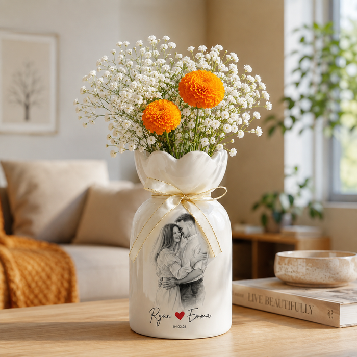 Custom Line Portrait Flower Vase – Personalized Ceramic Couple Photo Vase