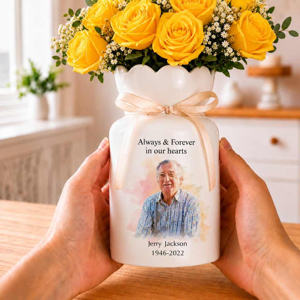 Personalized In Loving Memory Ceramic Flower Vase – Custom Photo Memorial Gift