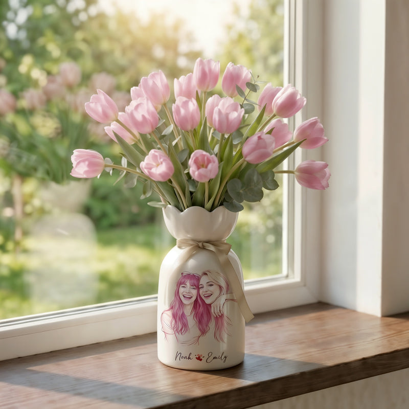 Personalized Besties Photo Ceramic Vase – Custom Photo Best Friend Flower Vase
