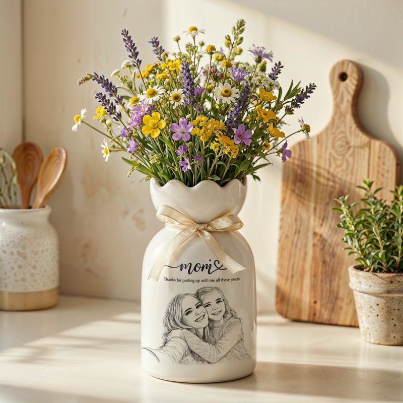 Personalized Mom Photo Flower Vase – Custom Portrait Ceramic Vase Gift for Mom