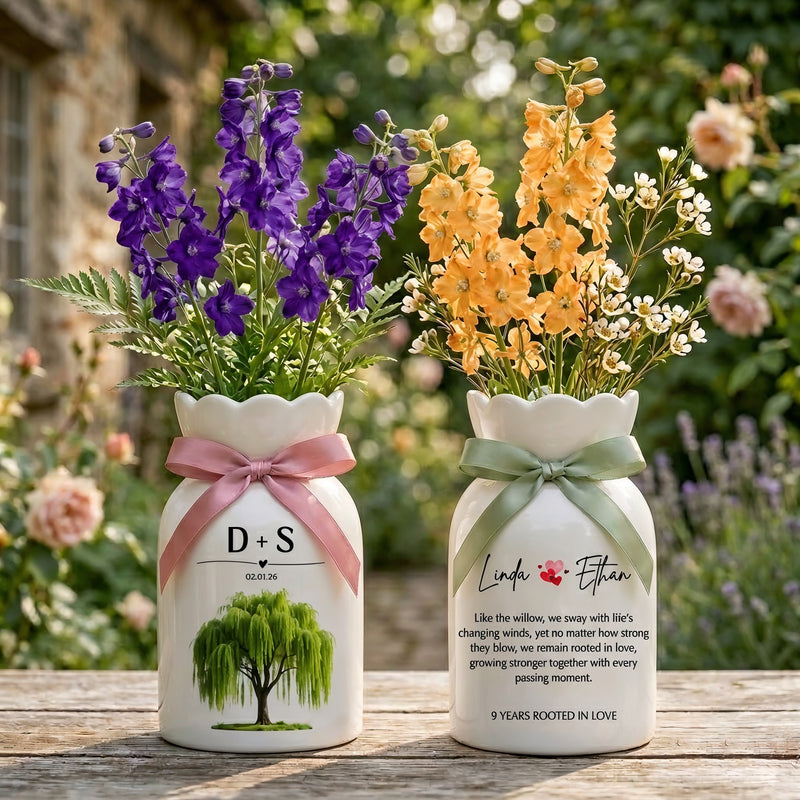 Personalized 9th Anniversary Willow Tree Flower Vase – Custom Ceramic Anniversary Gift for Wife & Couples