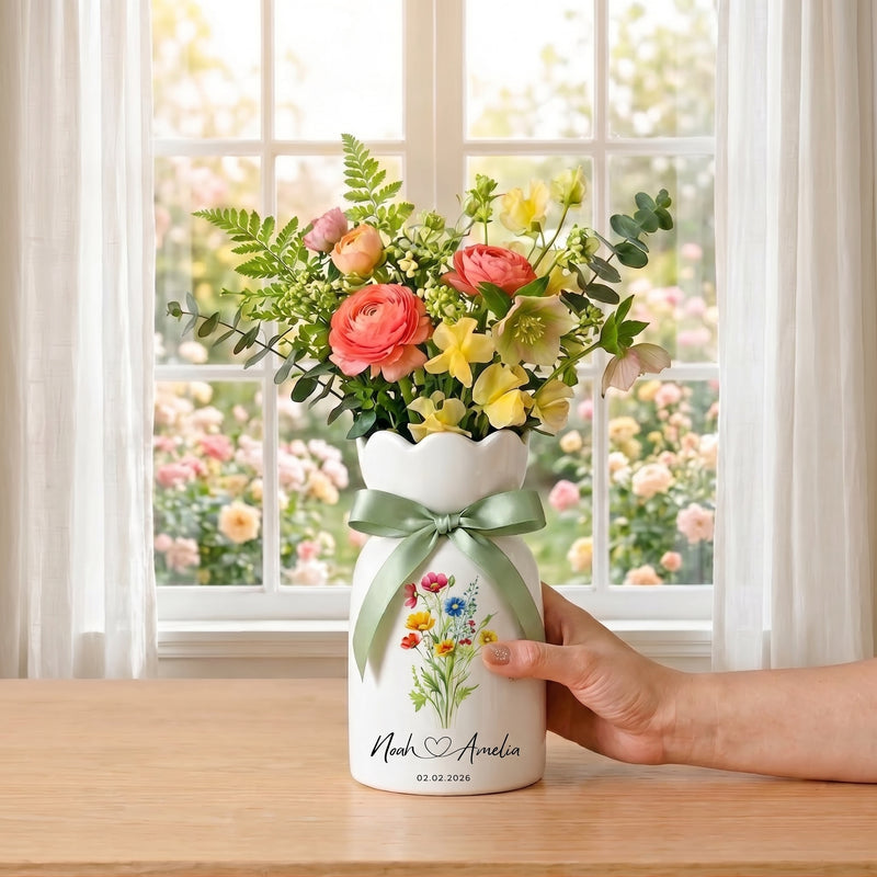 Personalized Wedding Flower Vase, Custom Birth Flower Couple Gift with Names & Wedding Date