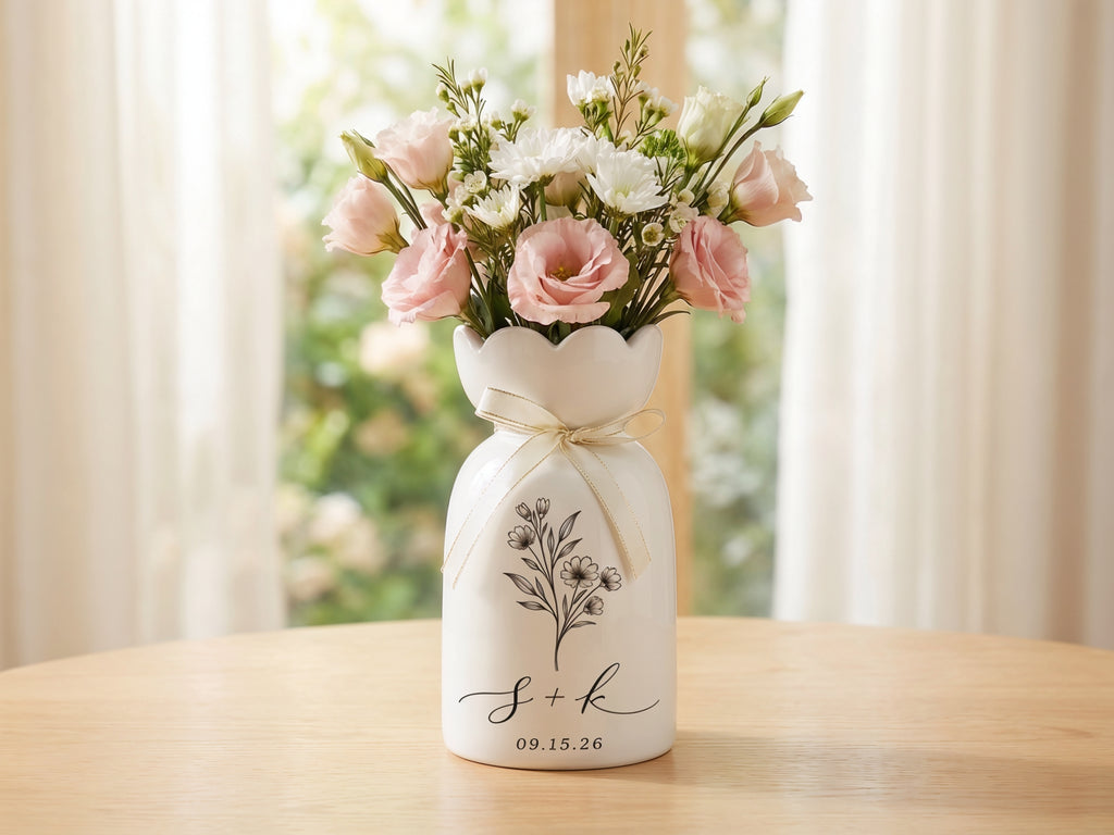 Custom Ceramic Botanical Flower Vase – Personalized Wedding Vase Gift for Couples