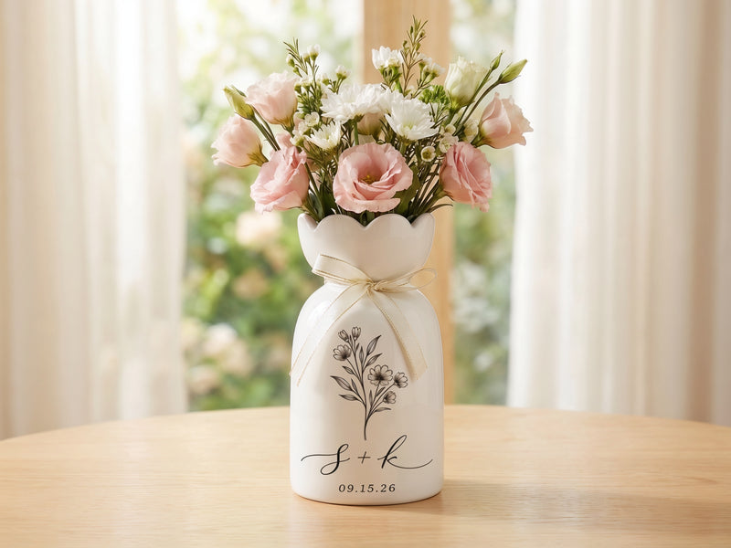 Custom Ceramic Botanical Flower Vase – Personalized Wedding Vase Gift for Couples