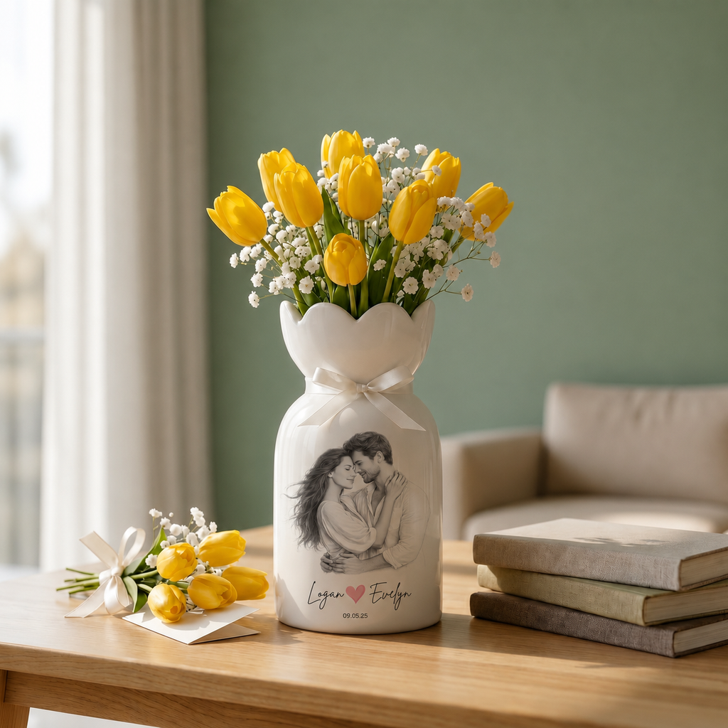 Custom Line Portrait Flower Vase – Personalized Ceramic Couple Photo Vase