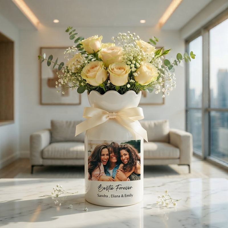 Personalized Besties Photo Floral Ceramic Vase – Custom Best Friend Gift