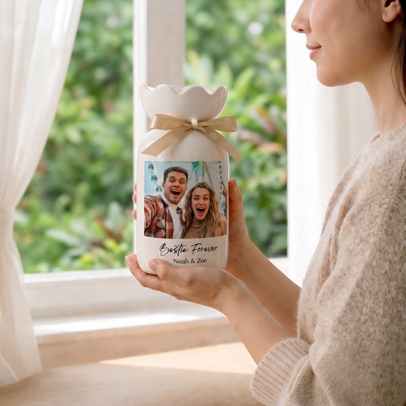 Personalized Besties Photo Floral Ceramic Vase – Custom Best Friend Gift