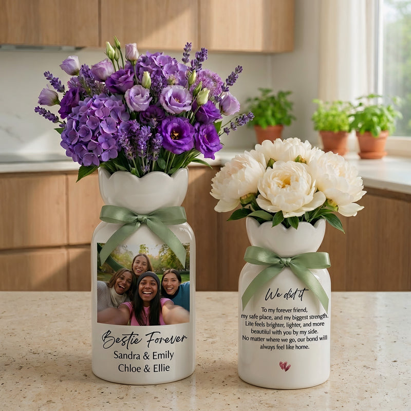 Personalized Besties Photo Floral Ceramic Vase – Custom Best Friend Gift