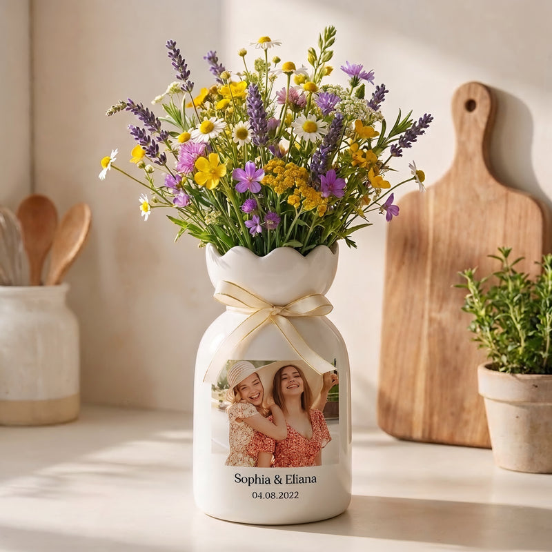 Personalized Besties Photo Floral Ceramic Vase – Custom Best Friend Gift