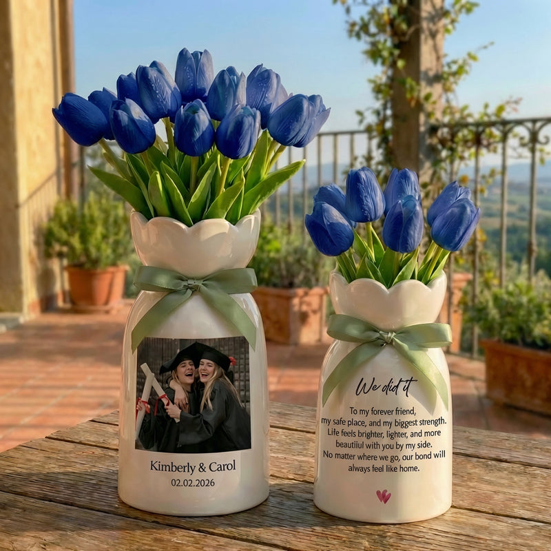 Personalized Besties Photo Floral Ceramic Vase – Custom Best Friend Gift