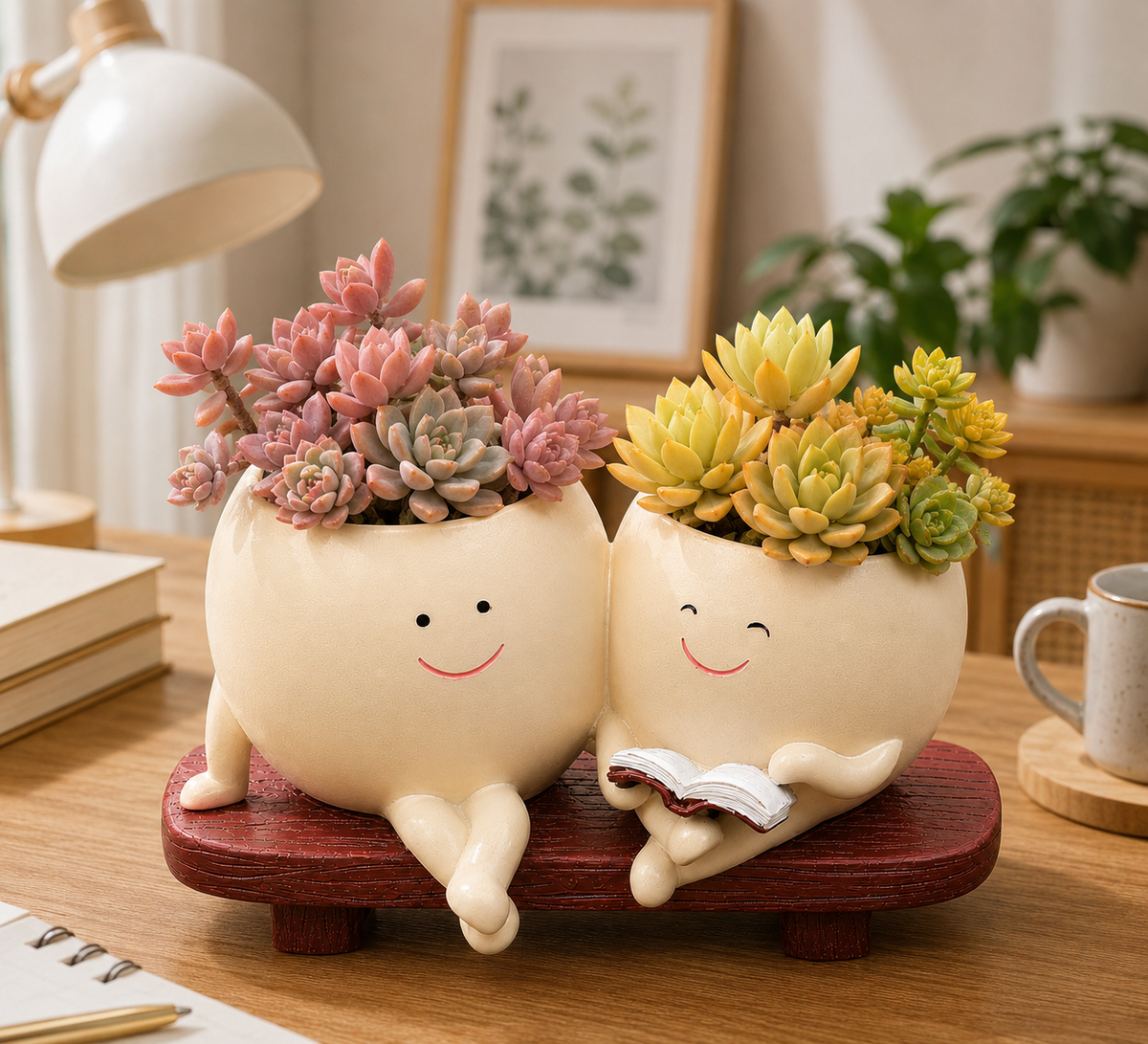 Cute Reading Planter Pot with Smiley Face – Gift for Mom, Teacher Appreciation Gift & Cozy Desk Planter