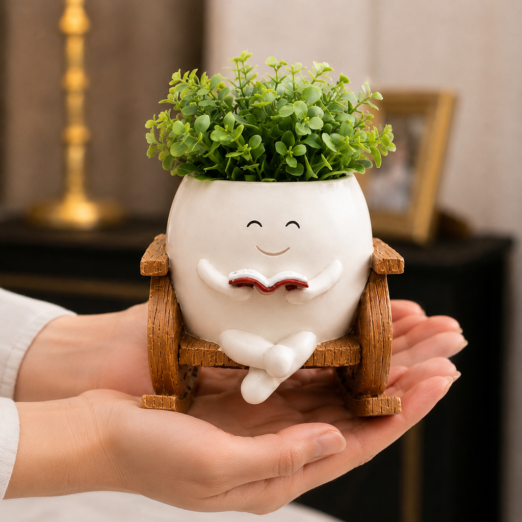 Resin Smiley Face Rocking Chair Planter – Whimsical Succulent Holder & Happy Decor