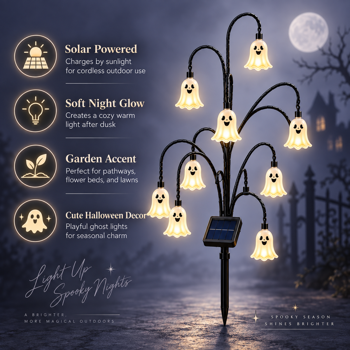 Halloween Ghost Tree Stake Light – Solar Powered Yard Path Lighting, Whimsical Porch & Lawn Holiday Ornament