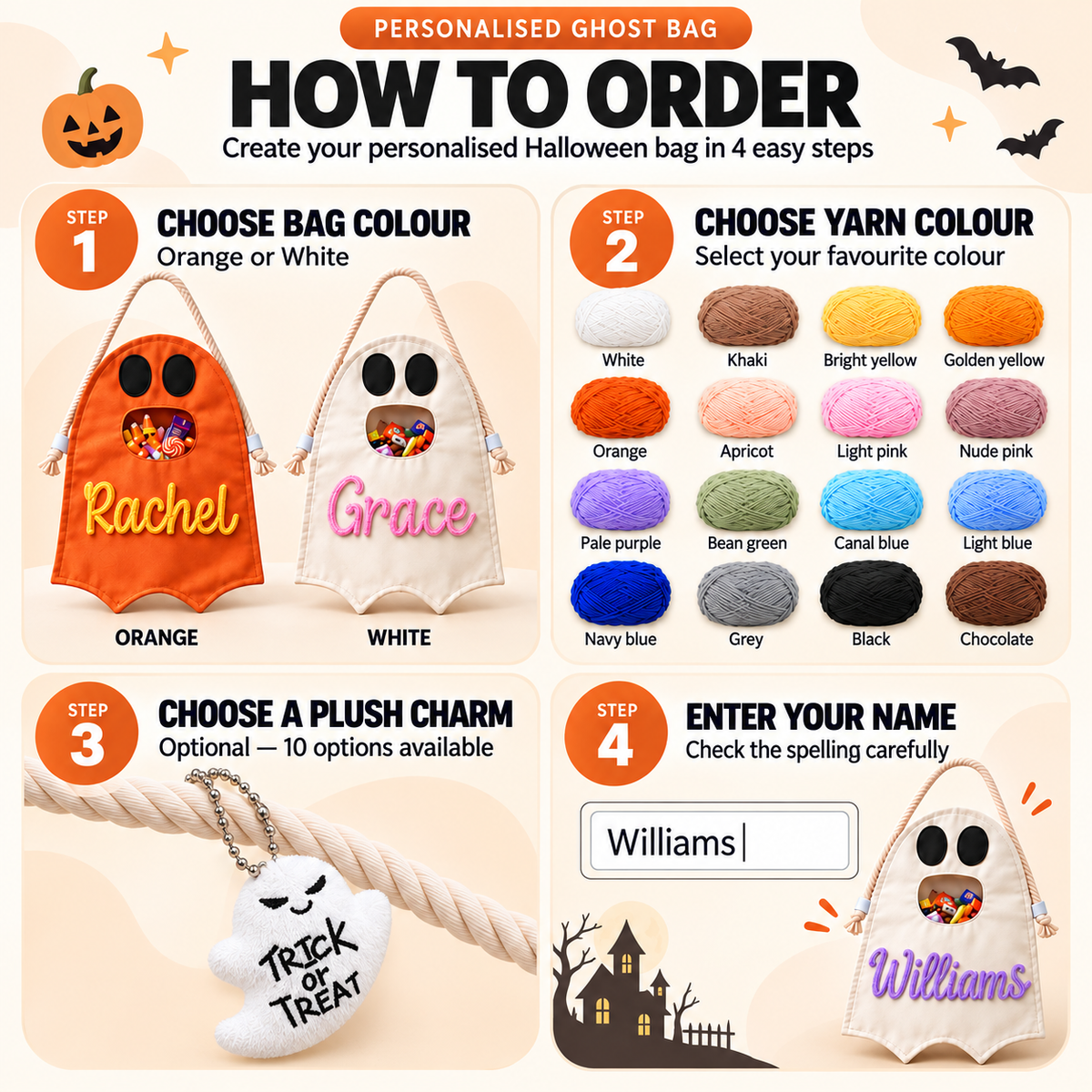 Personalized Ghost Halloween Candy Bag, Custom Name Trick or Treat Bag with Plush Charm