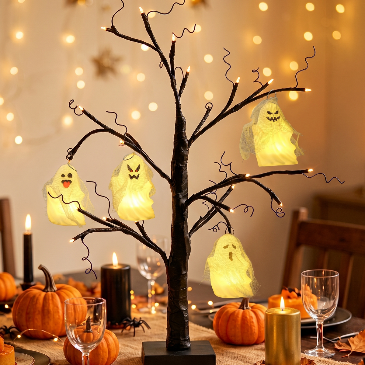 Lighted Hanging Ghost Decor, Halloween LED String Lights, Indoor Party for Halloween Party, Halloween Tree