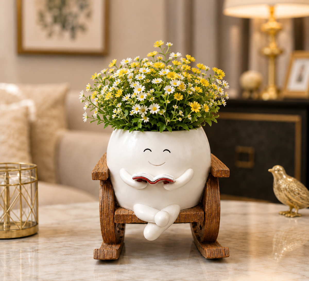 Resin Smiley Face Rocking Chair Planter – Whimsical Succulent Holder & Happy Decor