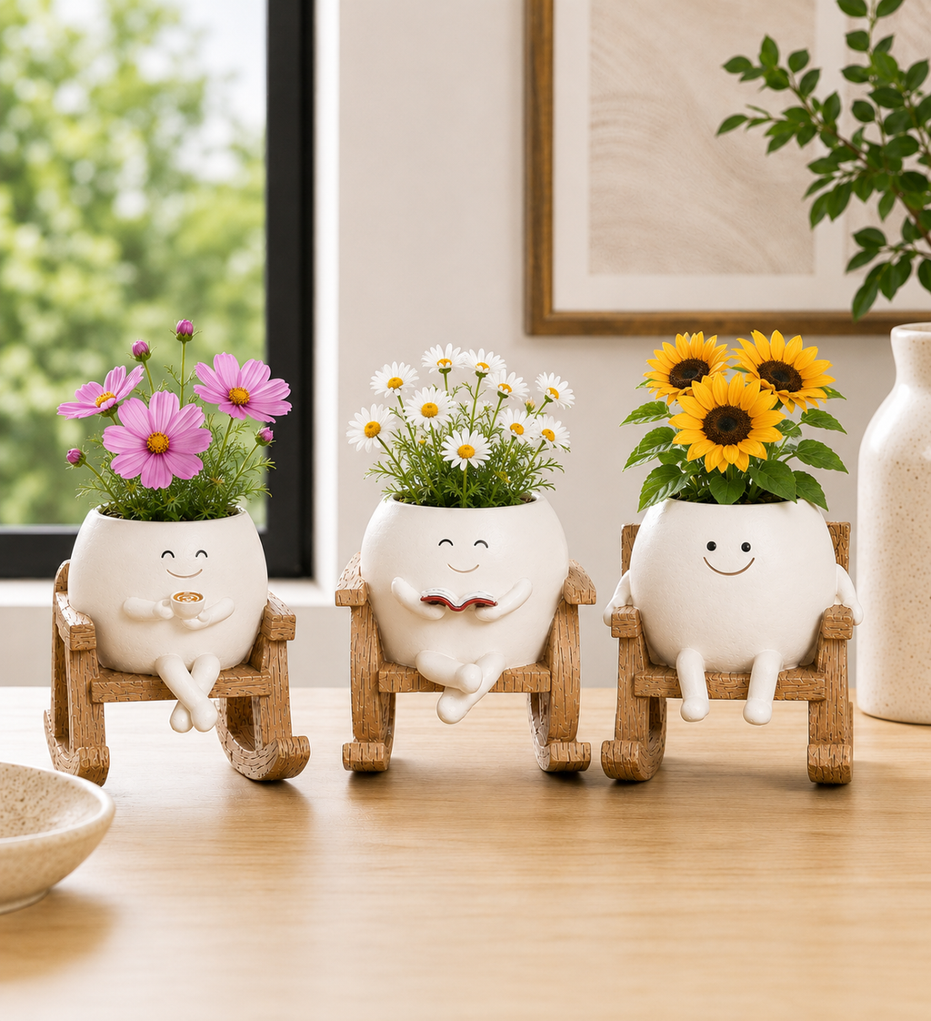 Resin Smiley Face Rocking Chair Planter – Whimsical Succulent Holder & Happy Decor