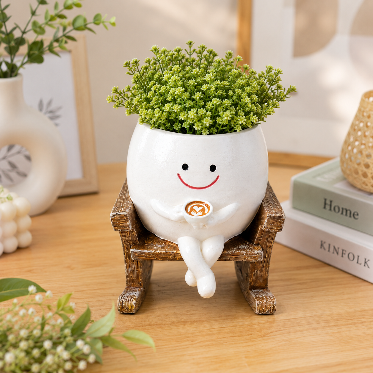 Resin Smiley Face Rocking Chair Planter – Whimsical Succulent Holder & Happy Decor