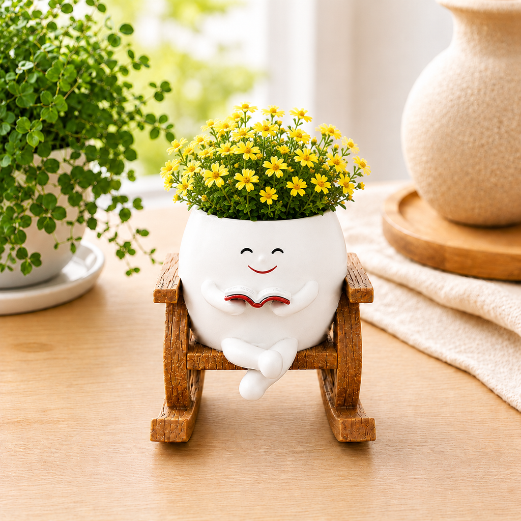 Resin Smiley Face Rocking Chair Planter – Whimsical Succulent Holder & Happy Decor