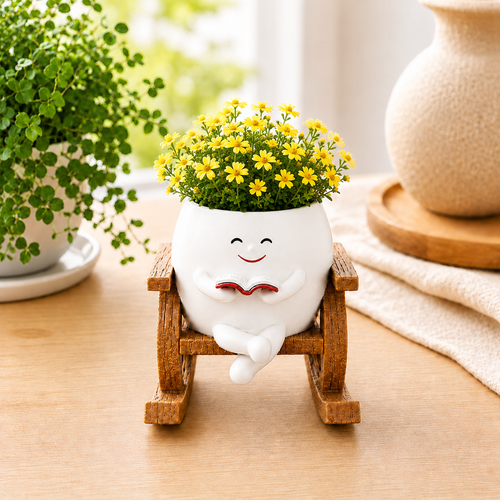 Resin Smiley Face Rocking Chair Planter – Whimsical Succulent Holder & Happy Decor