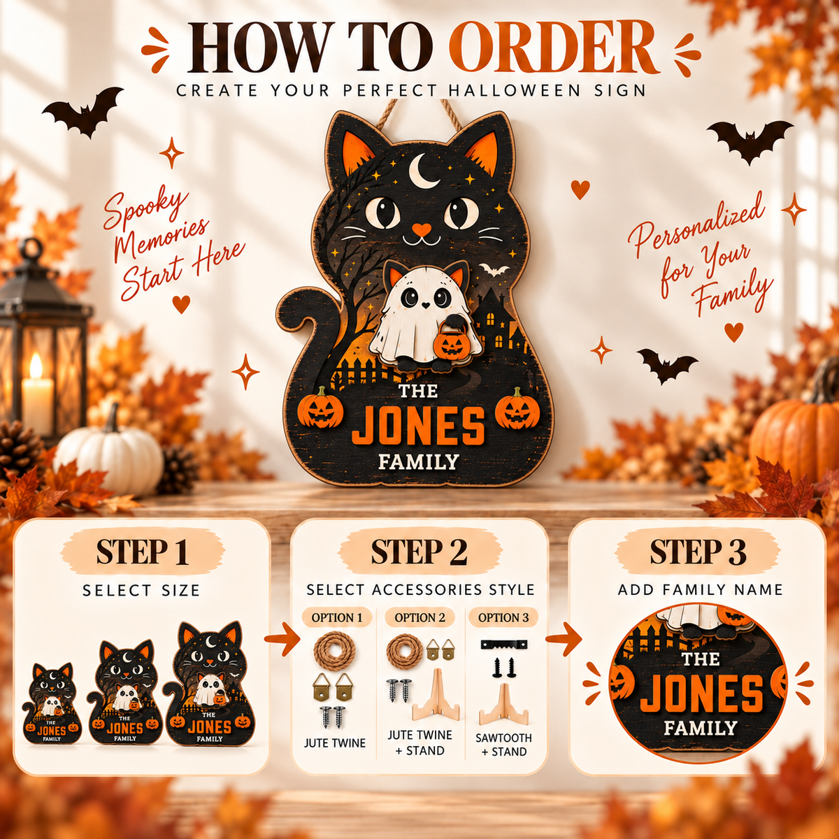 Halloween Witchy Cat Wooden Blocks – Set of 3 Spooky Shelf Sitters