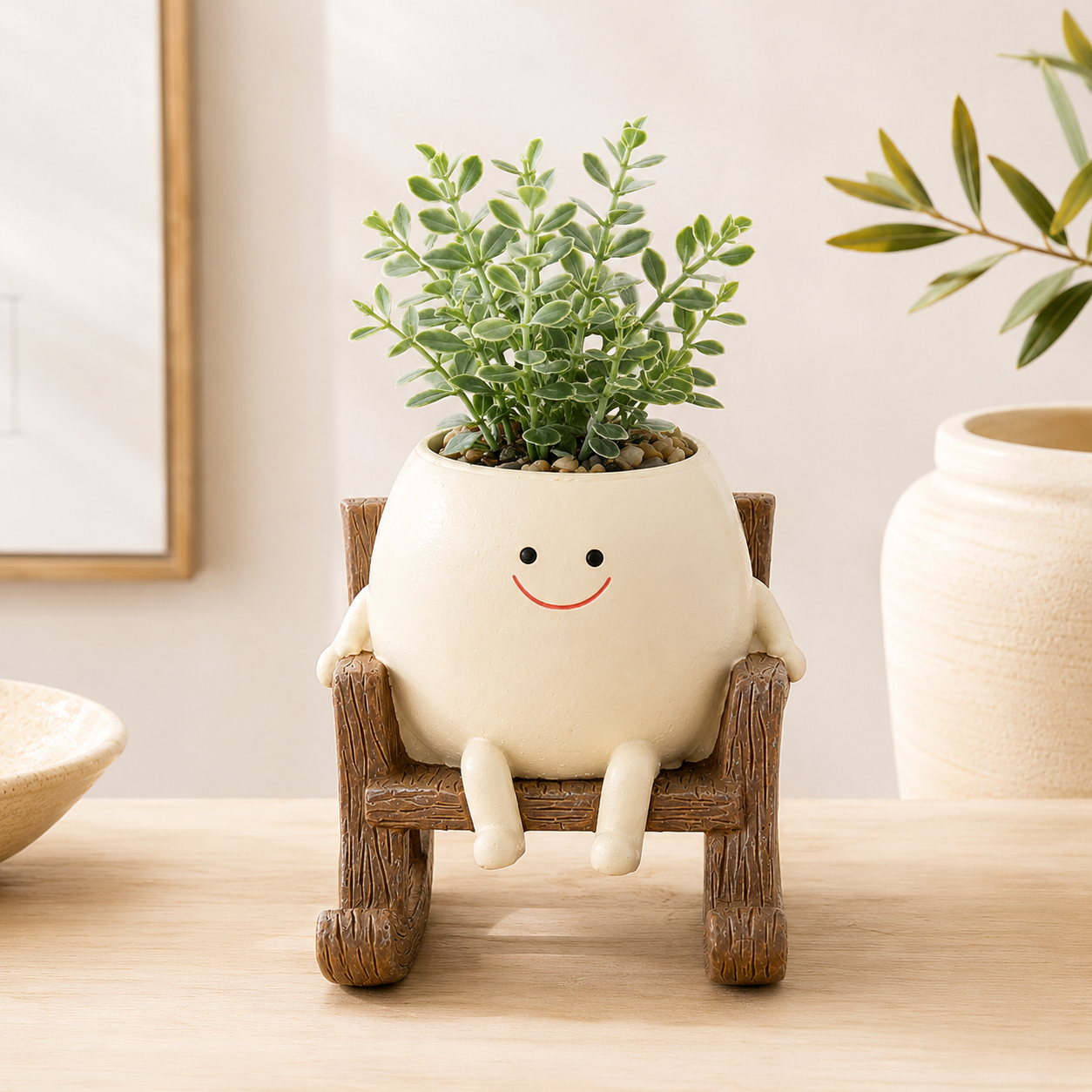 Resin Smiley Face Rocking Chair Planter – Whimsical Succulent Holder & Happy Decor