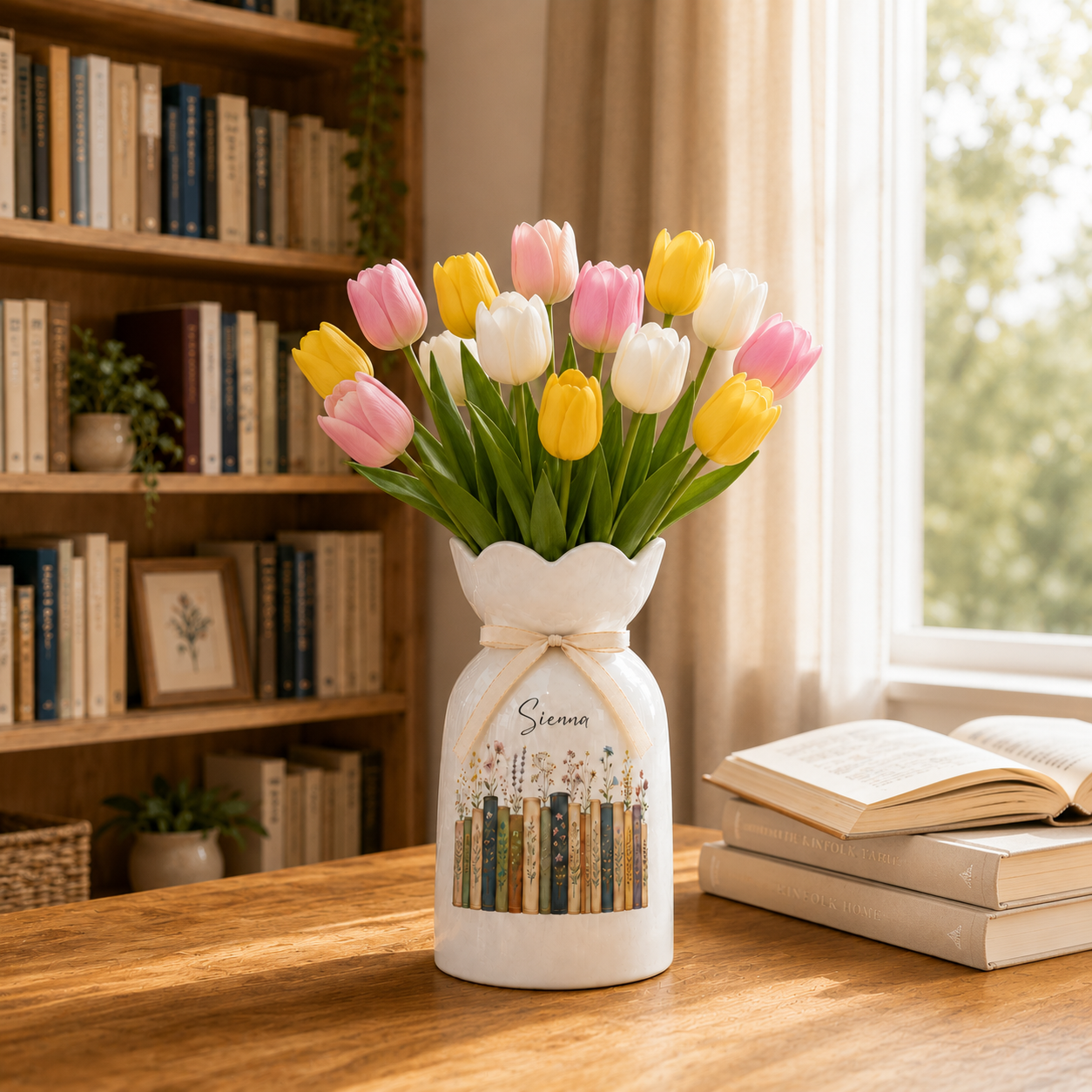 Personalized Vintage Bookshelf Library Ceramic Flower Vase – Book Lover Gift