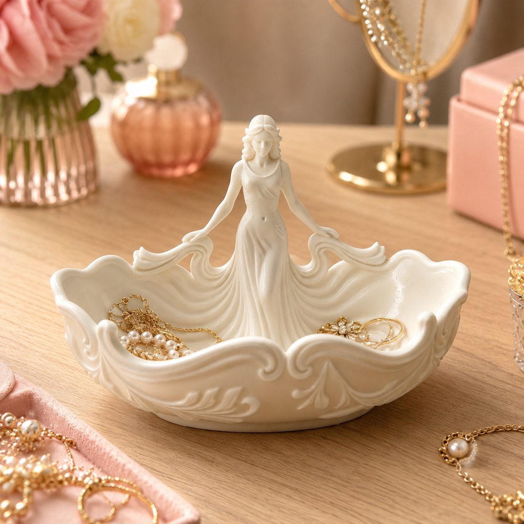 Elegant Woman Jewelry Dish – Pink Goddess Trinket Tray and Ceramic Ring Holder for Her