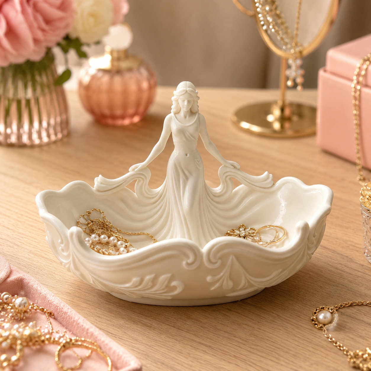 Elegant Woman Jewelry Dish – Pink Goddess Trinket Tray and Ceramic Ring Holder for Her