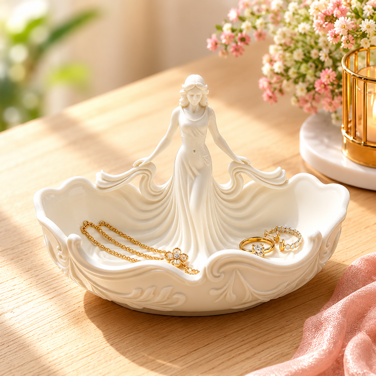 Elegant Woman Jewelry Dish – Pink Goddess Trinket Tray and Ceramic Ring Holder for Her