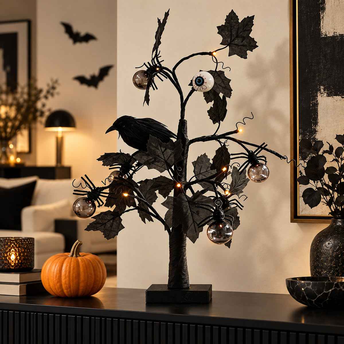 Lighted Black Halloween Eyeball Tree Spooky Tabletop Decor